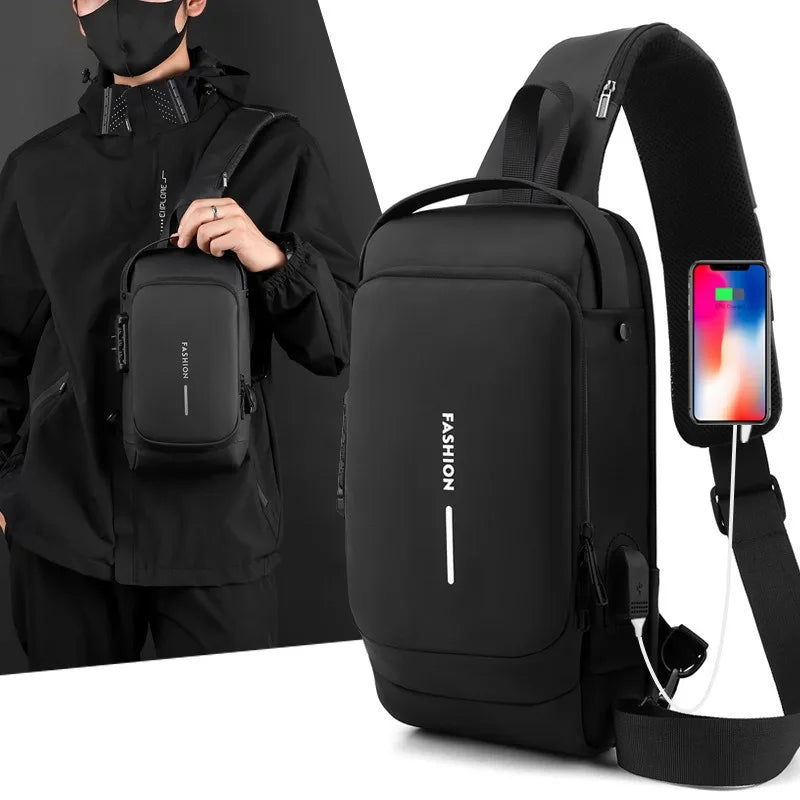 Men's Anti-Theft Password Lock Chest Bag Durable Fabric Adjustable Shoulder Strap Fashion Motorcycle Leisure Sport Crossbody Bag
