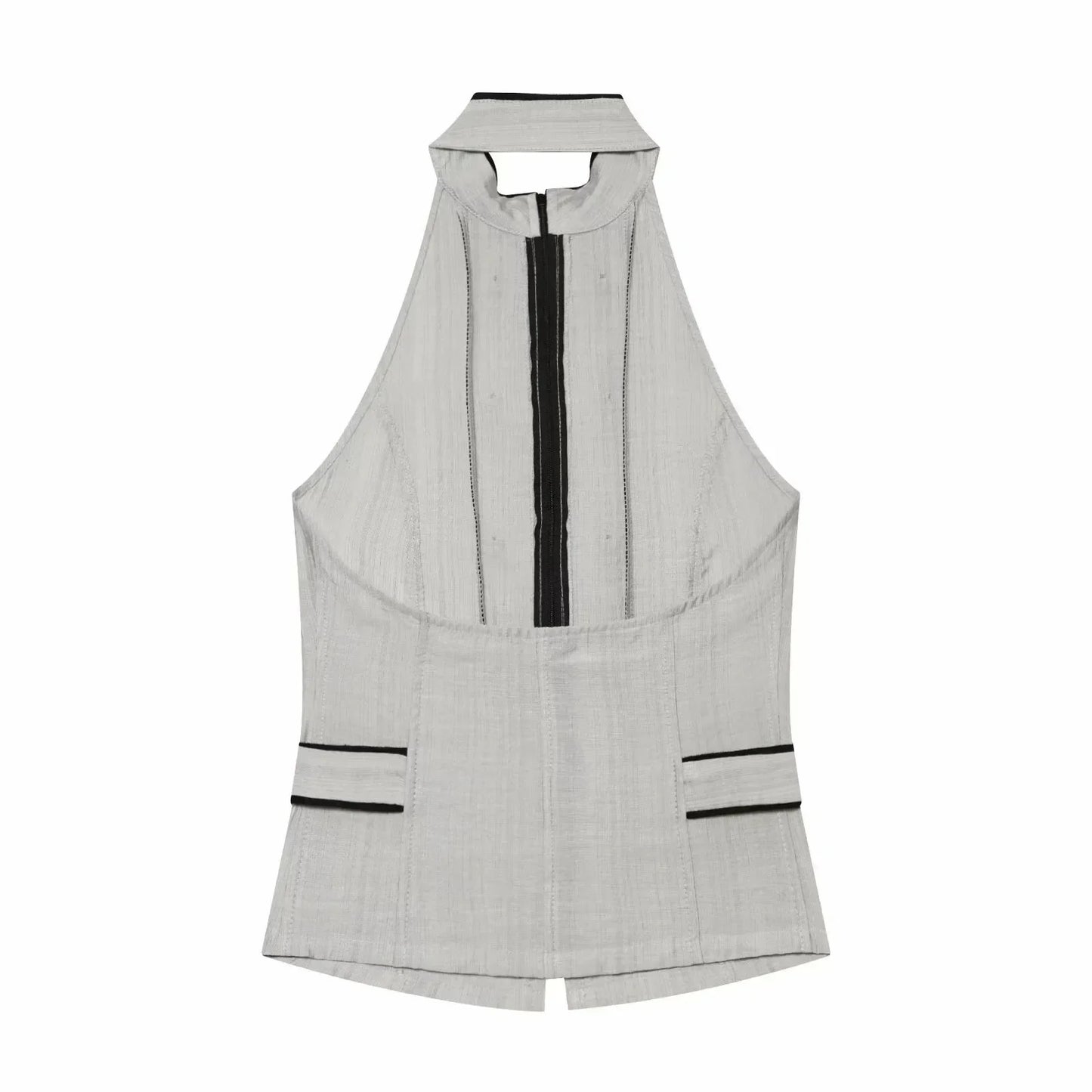 New Women Summer Elegant Silk Texture Tops Fashion Women Vacation Halter Backless Beach Style Lady Button Decor Casual Chic Tops