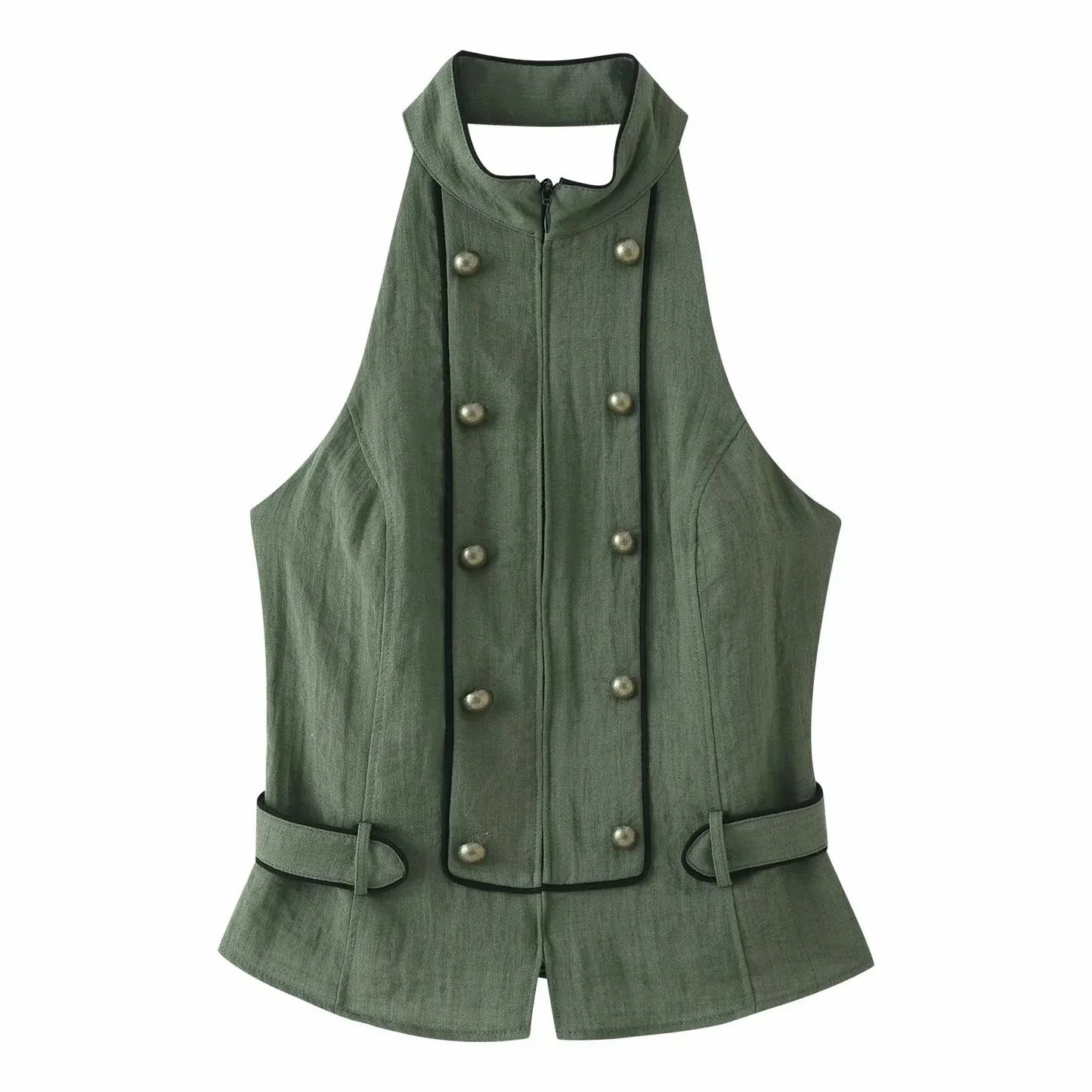 New Women Summer Elegant Silk Texture Tops Fashion Women Vacation Halter Backless Beach Style Lady Button Decor Casual Chic Tops