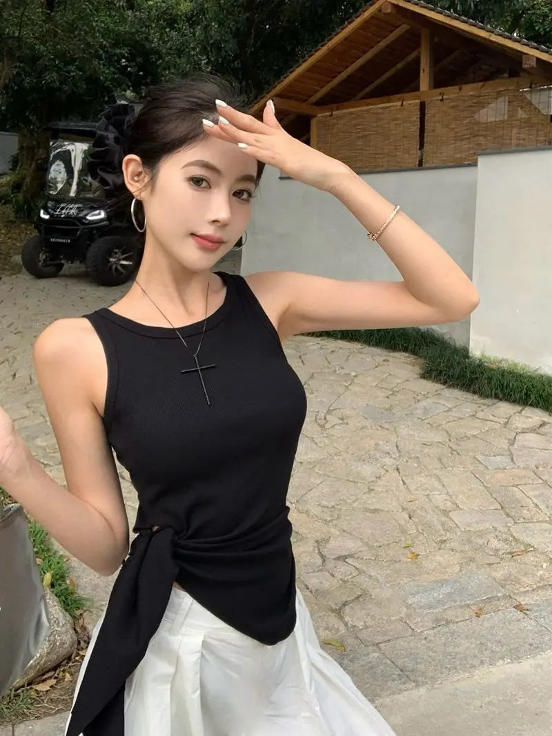 Women's Blue Ribbed Knit Tank Top Side Tie Asymmetrical Hem Sleeveless Casual Crop Top