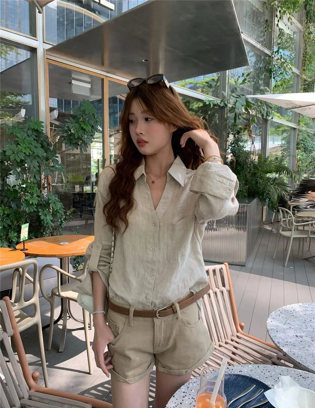 Women Old Money Linen Shirt Lapel V Neck Roll Tab Sleeve Loose Oversized Sun Protection Casual Blouse Summer Tops