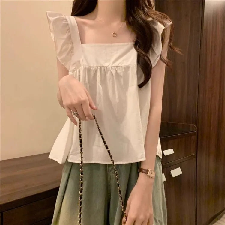 Women's Bow Tie Cami Top Summer Sleeveless Ruffle Hem Crop Top Vibrant Beachwear Loose Fit Casual Blouse