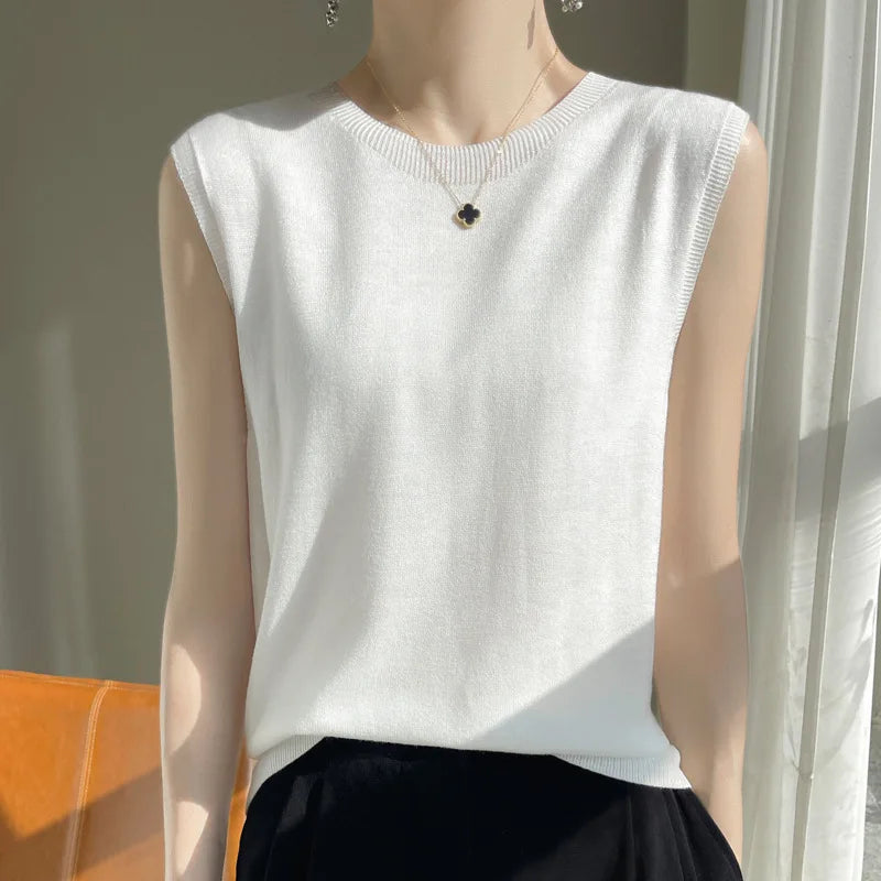 Women Knitted Tank Tops Round-neck Sleeveless Bottoming Shirts Spring Summer Tank Top Solid Soft Korean Fashion Lady Knit Top