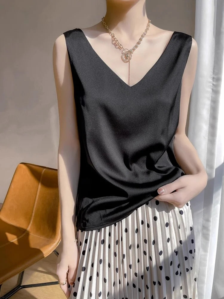 Silk Satin Vest Women's New 2025 Sleeveless V-neck Camisole Acetate Georgette Base Shirt Office Commute Style  Color