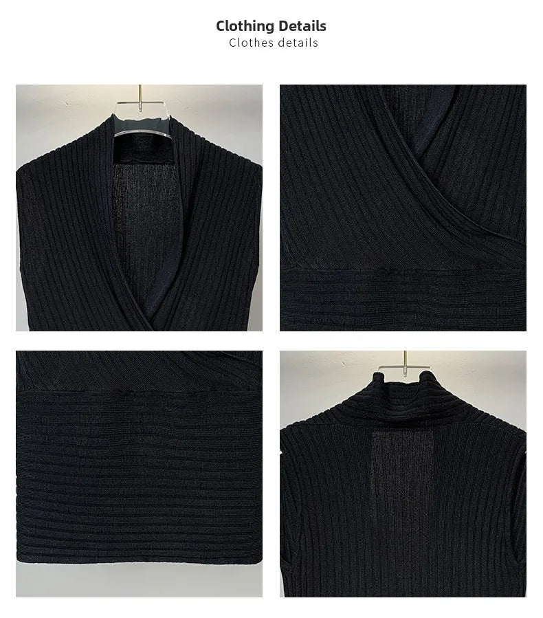 Sexy Deep V-Neck Knitted Crop Top Slim Fit Sleeveless Short Vest Summer New Style Zilihua Commute Style Pure Color Base Shirt