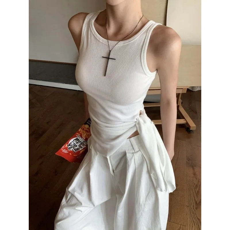Women's Blue Ribbed Knit Tank Top Side Tie Asymmetrical Hem Sleeveless Casual Crop Top
