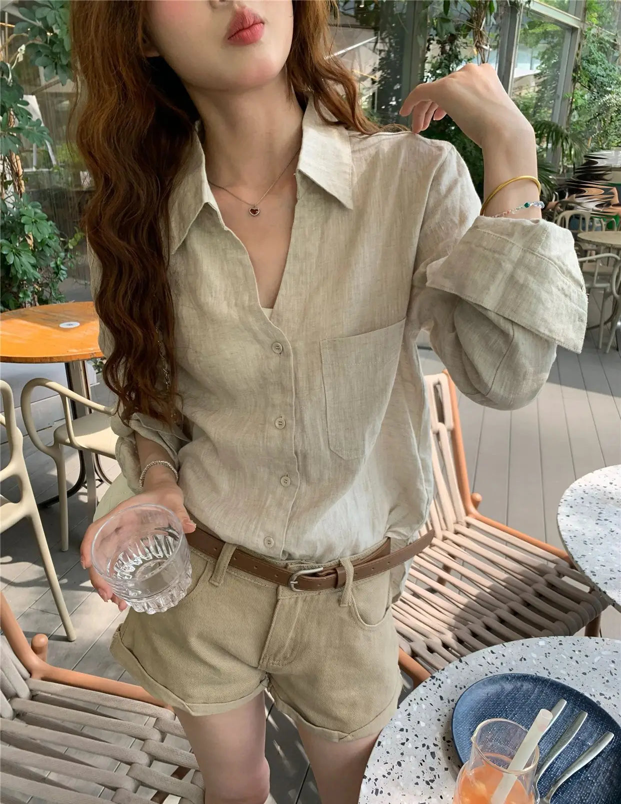 Women Old Money Linen Shirt Lapel V Neck Roll Tab Sleeve Loose Oversized Sun Protection Casual Blouse Summer Tops