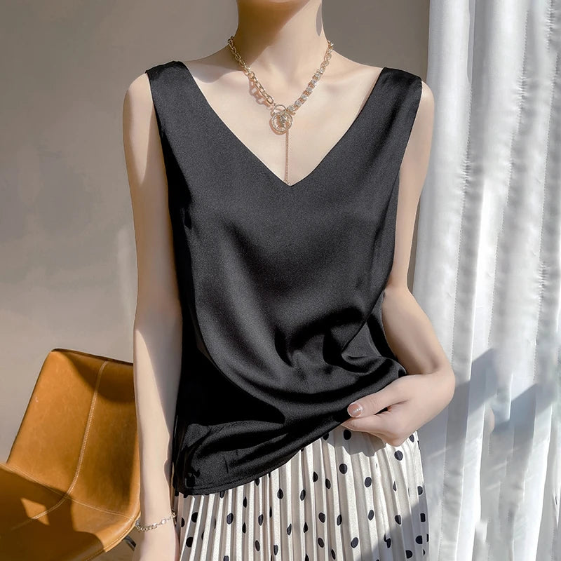 Silk Satin Vest Women's New 2025 Sleeveless V-neck Camisole Acetate Georgette Base Shirt Office Commute Style  Color