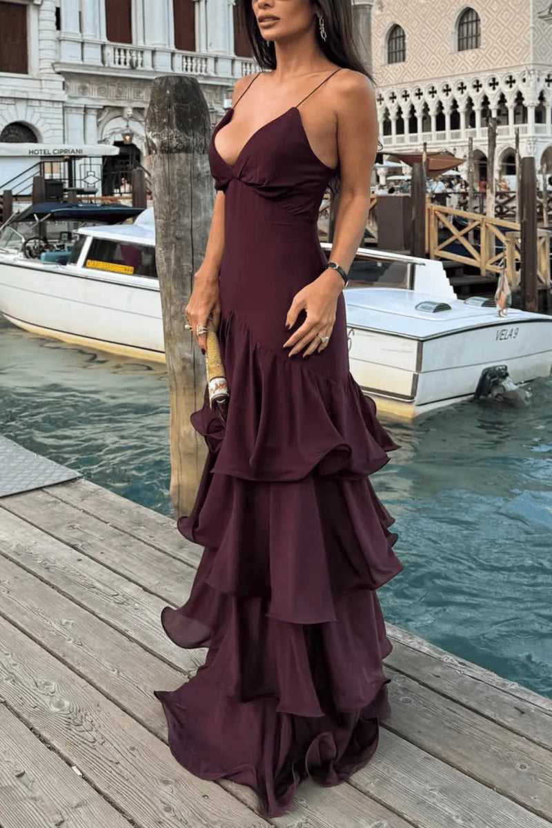 Women's French Deep V Tube Waist Dress Suspender Cake Dress Temperament Simple Style Sexy Solid Color Vestidos Spaghetti Strap