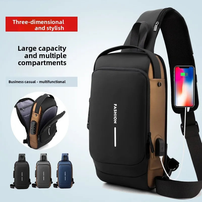 Men's Anti-Theft Password Lock Chest Bag Durable Fabric Adjustable Shoulder Strap Fashion Motorcycle Leisure Sport Crossbody Bag