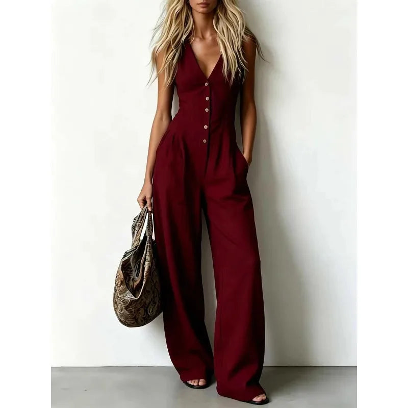 Women V Neck Spaghetti Strap Denim Jumpsuit High Waist Pleated Wide Leg Long Pants with Pockets Casual Vacation Solid Overalls