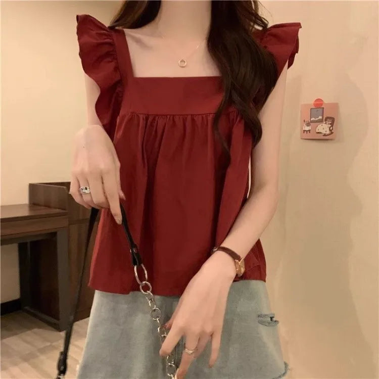 Women's Bow Tie Cami Top Summer Sleeveless Ruffle Hem Crop Top Vibrant Beachwear Loose Fit Casual Blouse