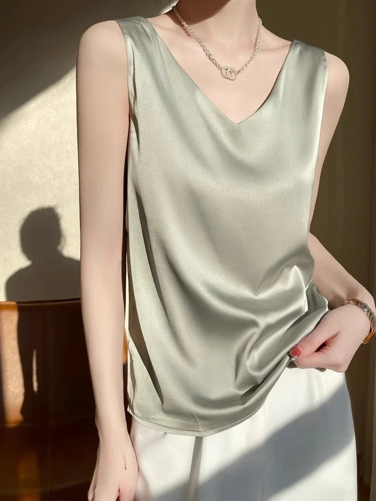 Silk Satin Vest Women's New 2025 Sleeveless V-neck Camisole Acetate Georgette Base Shirt Office Commute Style  Color