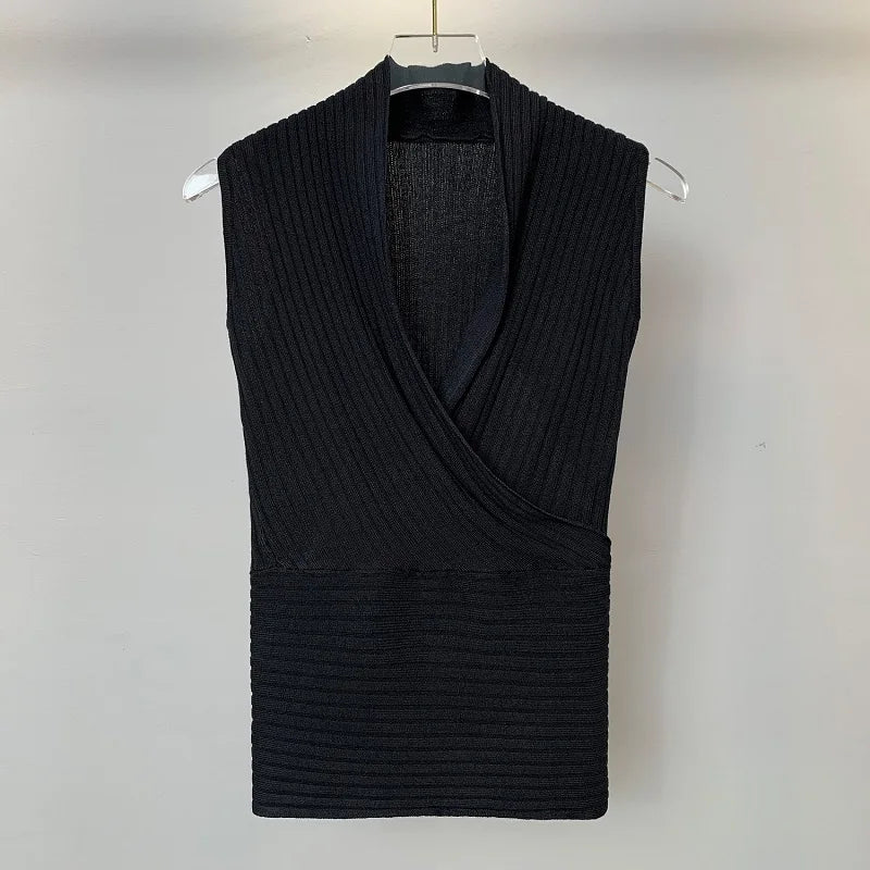 Sexy Deep V-Neck Knitted Crop Top Slim Fit Sleeveless Short Vest Summer New Style Zilihua Commute Style Pure Color Base Shirt