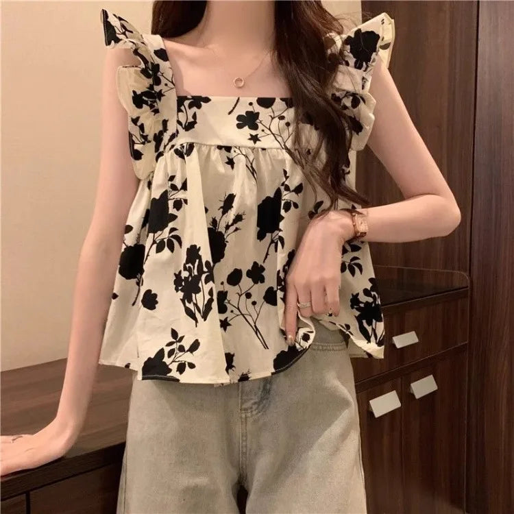 Women's Bow Tie Cami Top Summer Sleeveless Ruffle Hem Crop Top Vibrant Beachwear Loose Fit Casual Blouse