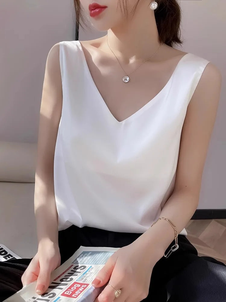 Silk Satin Vest Women's New 2025 Sleeveless V-neck Camisole Acetate Georgette Base Shirt Office Commute Style  Color