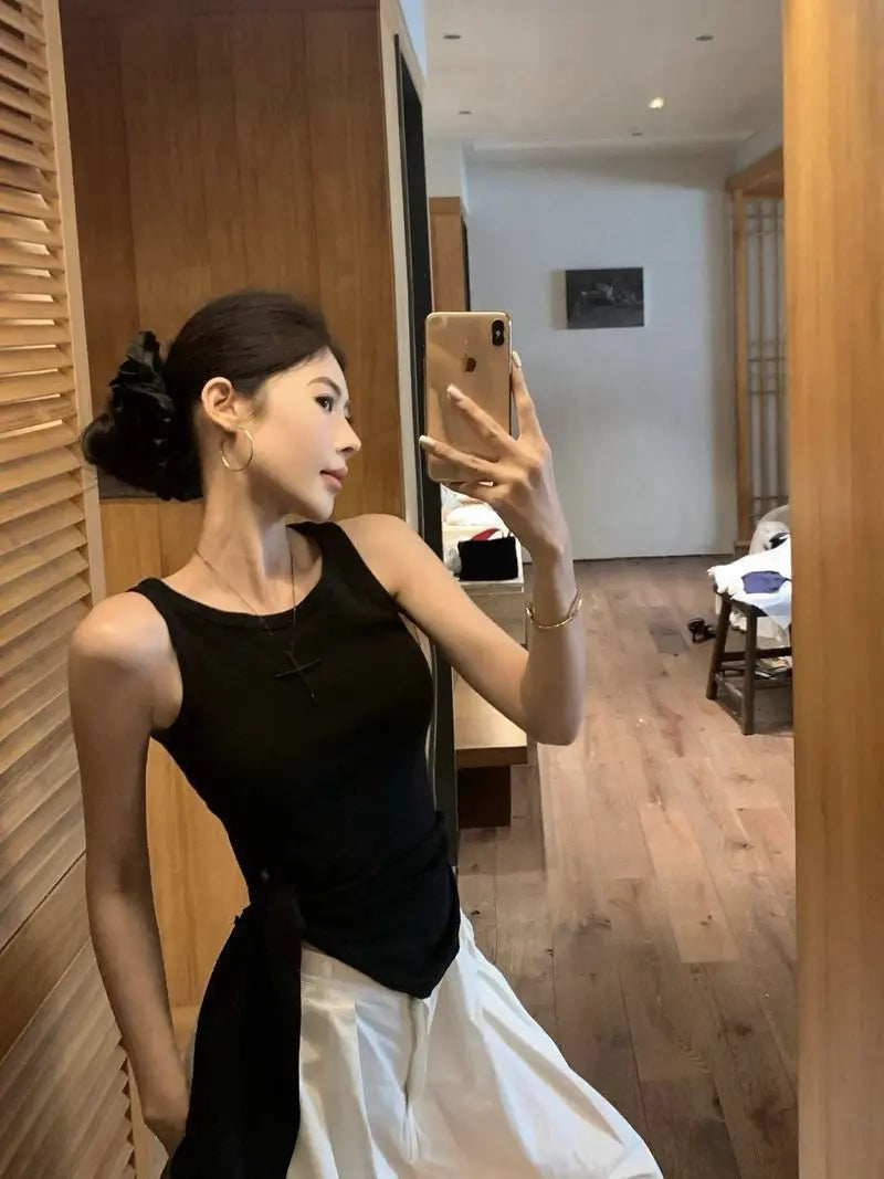 Women's Blue Ribbed Knit Tank Top Side Tie Asymmetrical Hem Sleeveless Casual Crop Top