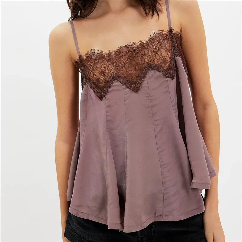 Ladies Adjustable Strap Lace Trim Satin Cami Top V-Neck Sheer Floral Lace Neckline Flowy Swing Sleeveless Blouse Casual Wear