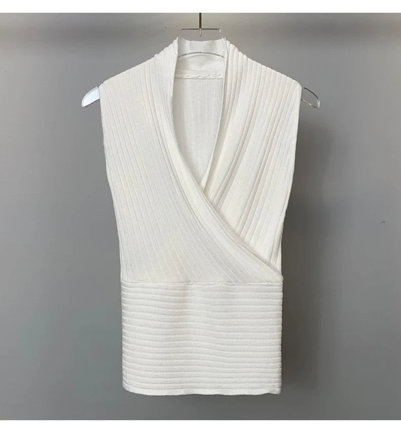 Sexy Deep V-Neck Knitted Crop Top Slim Fit Sleeveless Short Vest Summer New Style Zilihua Commute Style Pure Color Base Shirt