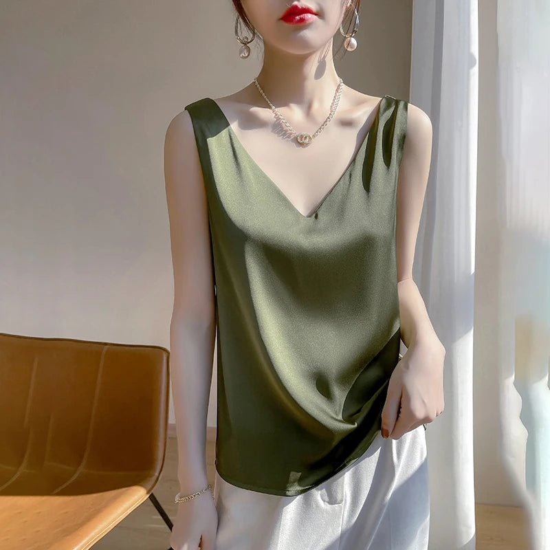 Silk Satin Vest Women's New 2025 Sleeveless V-neck Camisole Acetate Georgette Base Shirt Office Commute Style  Color