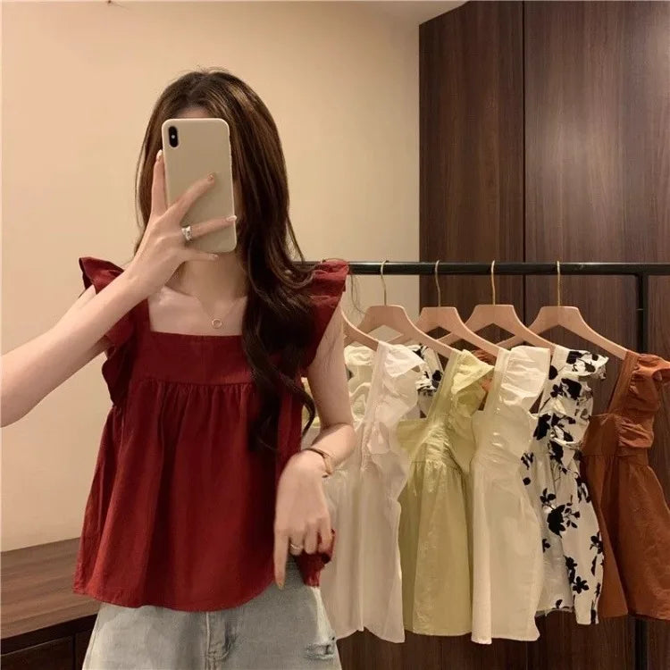 Women's Bow Tie Cami Top Summer Sleeveless Ruffle Hem Crop Top Vibrant Beachwear Loose Fit Casual Blouse
