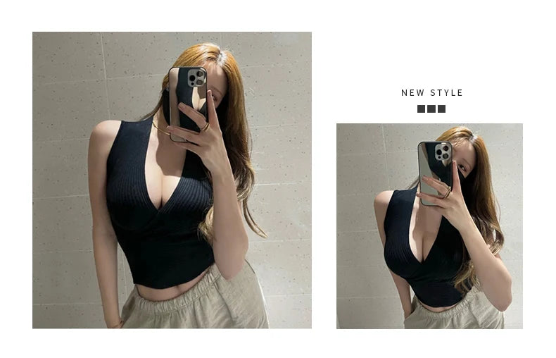 Sexy Deep V-Neck Knitted Crop Top Slim Fit Sleeveless Short Vest Summer New Style Zilihua Commute Style Pure Color Base Shirt
