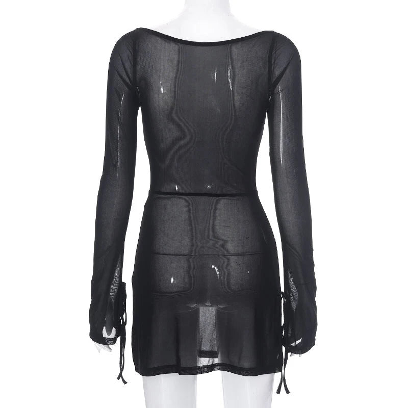 Square Collar Solid Mini Dress For Women Y2k Clothes Gauze Sexi Night Dress Hot Club Outfits Sheer Vestidos De Mujer Long Sleeve