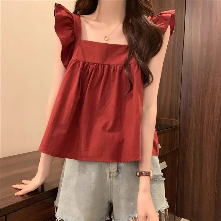 Women's Bow Tie Cami Top Summer Sleeveless Ruffle Hem Crop Top Vibrant Beachwear Loose Fit Casual Blouse