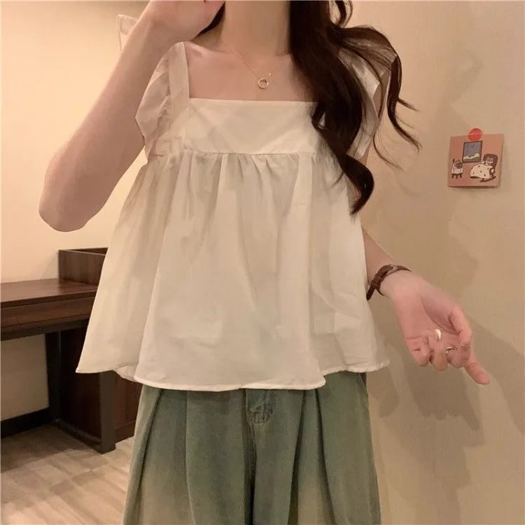 Women's Bow Tie Cami Top Summer Sleeveless Ruffle Hem Crop Top Vibrant Beachwear Loose Fit Casual Blouse