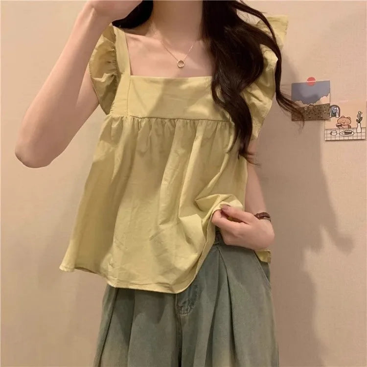 Women's Bow Tie Cami Top Summer Sleeveless Ruffle Hem Crop Top Vibrant Beachwear Loose Fit Casual Blouse