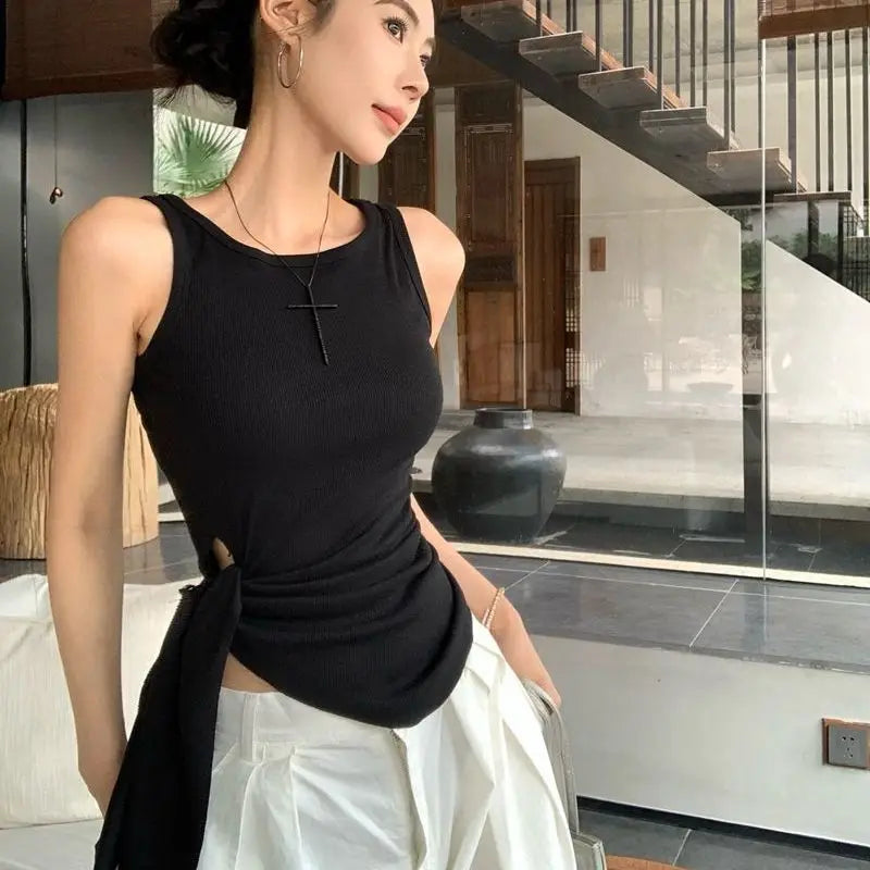 Women's Blue Ribbed Knit Tank Top Side Tie Asymmetrical Hem Sleeveless Casual Crop Top