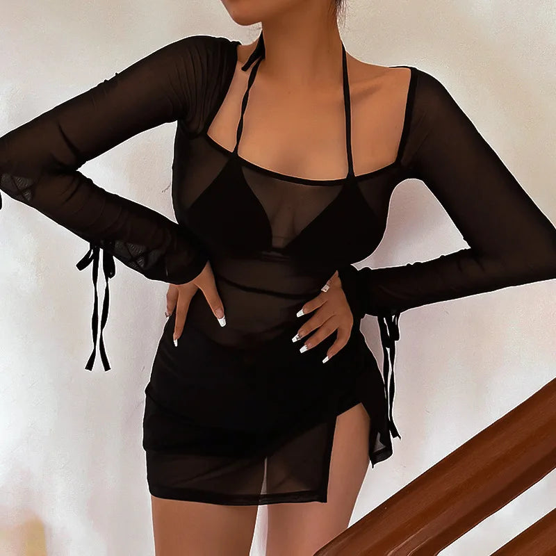 Square Collar Solid Mini Dress For Women Y2k Clothes Gauze Sexi Night Dress Hot Club Outfits Sheer Vestidos De Mujer Long Sleeve