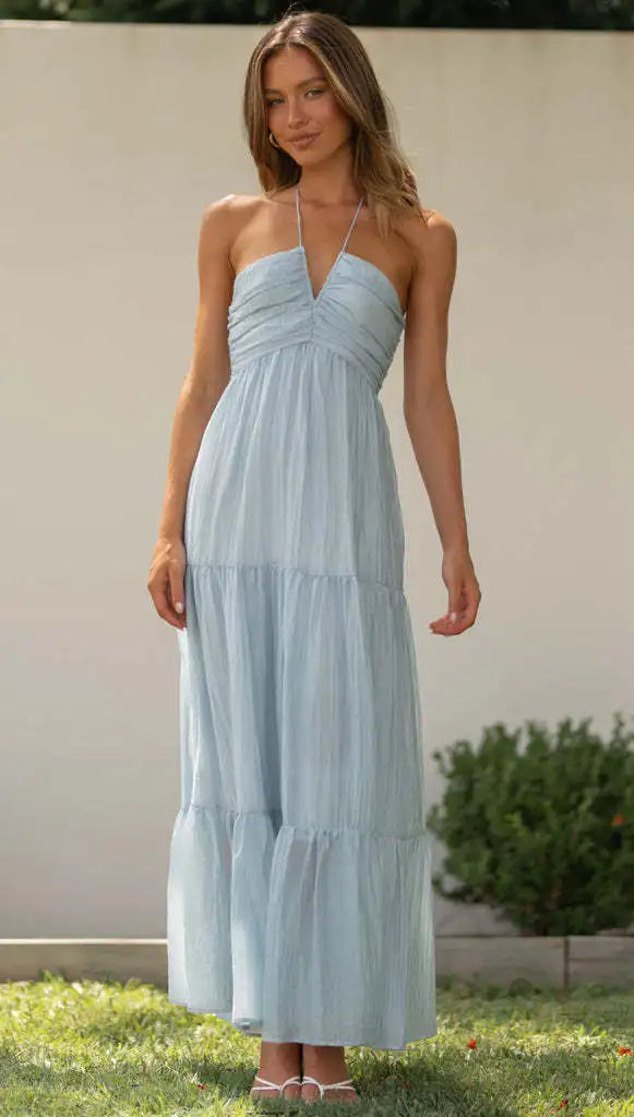Summer Holiday Long Dresses 2025 Women's Spaghetti Strap V Neck Chic Sleeveless Flowing Dress Vacation Beach Vestidos Para Mujer