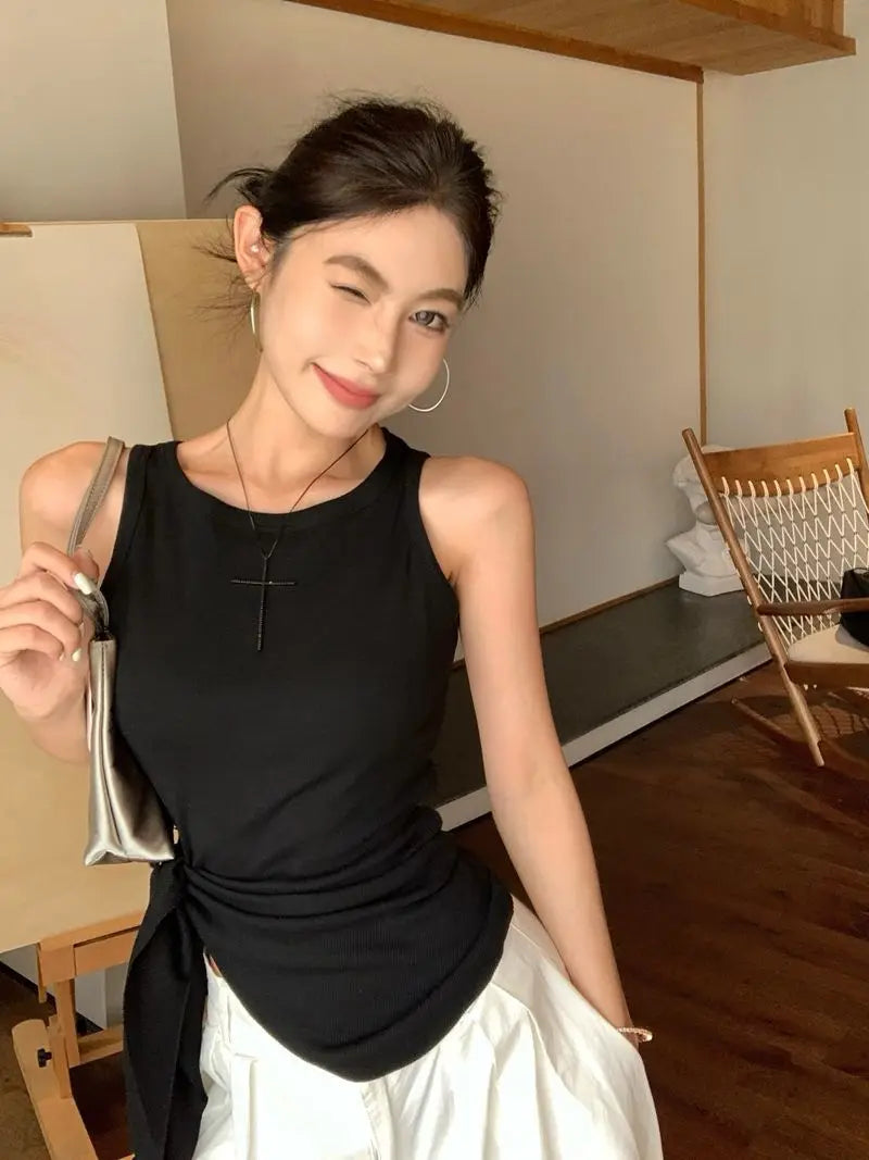 Women's Blue Ribbed Knit Tank Top Side Tie Asymmetrical Hem Sleeveless Casual Crop Top