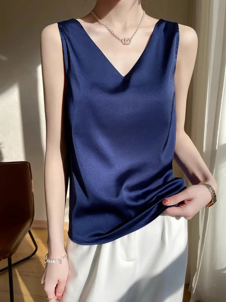 Silk Satin Vest Women's New 2025 Sleeveless V-neck Camisole Acetate Georgette Base Shirt Office Commute Style  Color