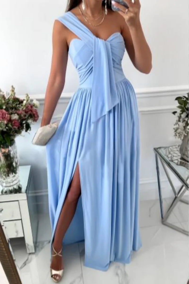 Asymmetric One Shoulder Ruched Bow Long Dress with Side Slit Sleeveless Pleated A-Line Evening Gown for Women