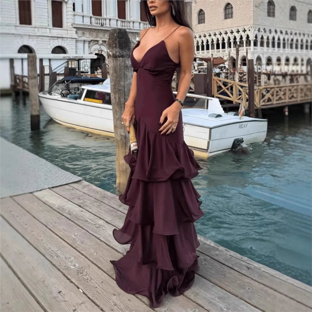 Women's French Deep V Tube Waist Dress Suspender Cake Dress Temperament Simple Style Sexy Solid Color Vestidos Spaghetti Strap