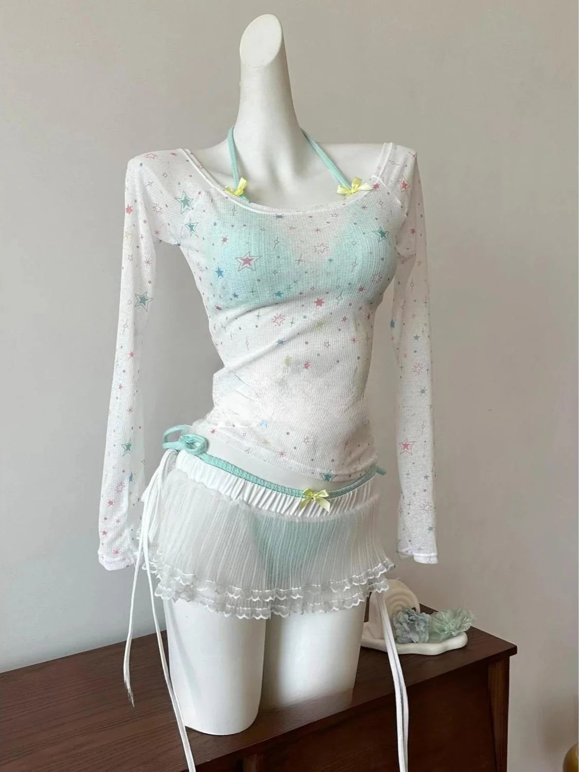 Trendy 2026 Print High Waist Fairy Sexy Sweet 4-Piece Bikini Set - Women's Split Swimwear Beach Vacation Summer Party & Holiday