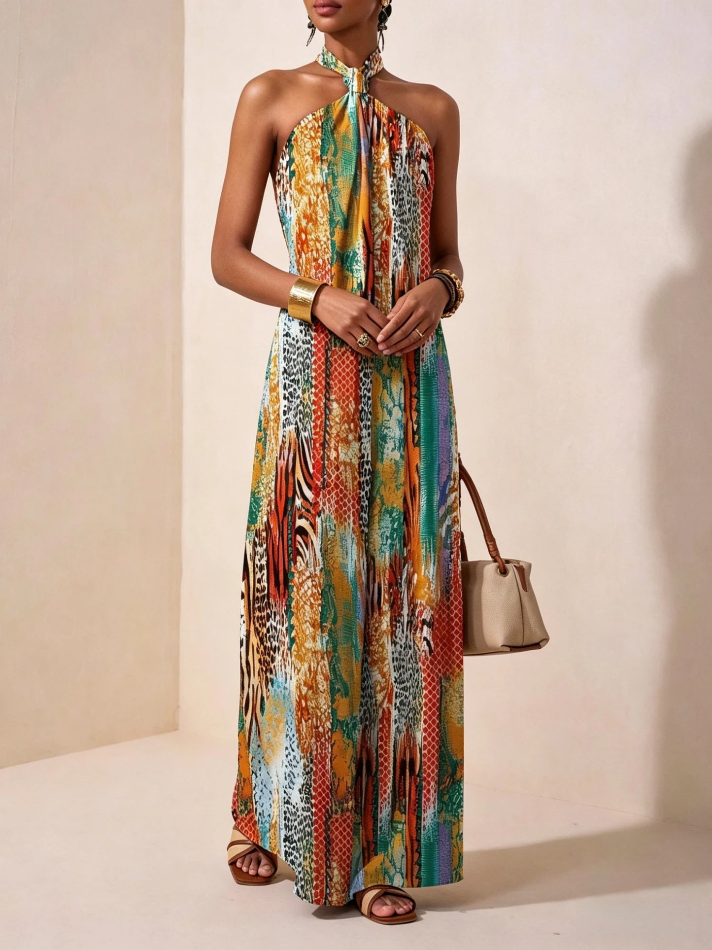 Women's Halter Neck Backless Printed Maxi Dress Loose Fit Sleeveless Bohemian Casual Dress Spring Summer Vacation Beach Outfit