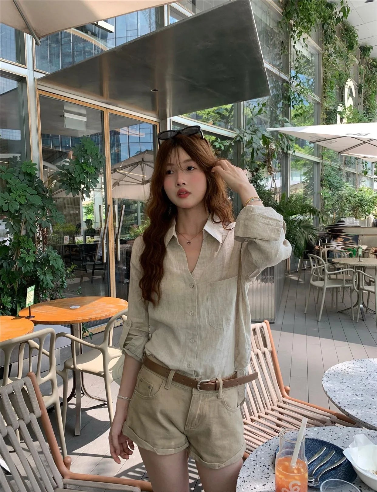 Women Old Money Linen Shirt Lapel V Neck Roll Tab Sleeve Loose Oversized Sun Protection Casual Blouse Summer Tops