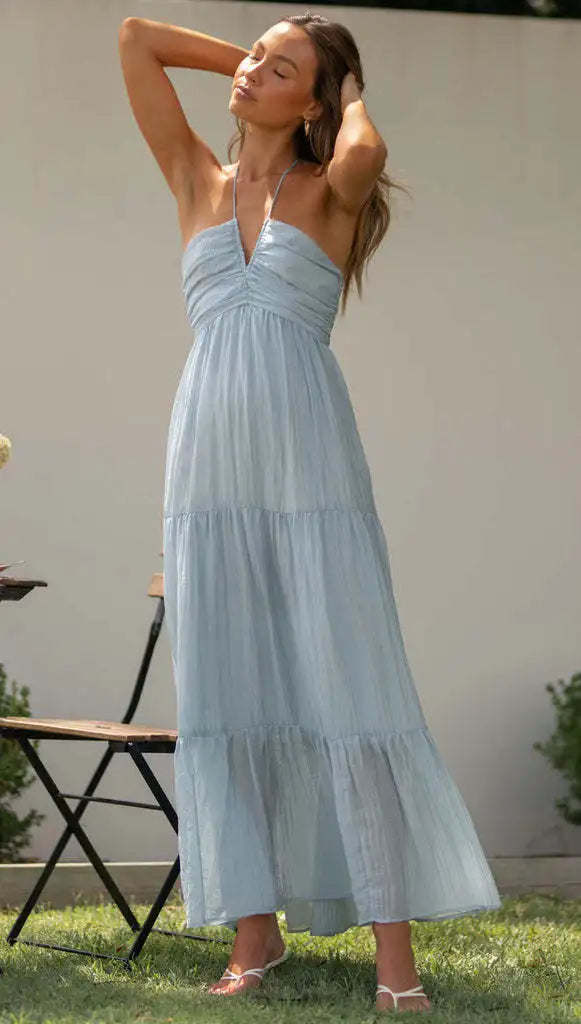 Summer Holiday Long Dresses 2025 Women's Spaghetti Strap V Neck Chic Sleeveless Flowing Dress Vacation Beach Vestidos Para Mujer