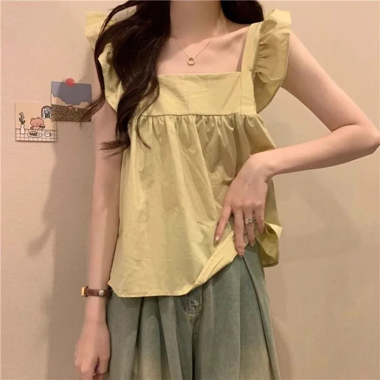 Women's Bow Tie Cami Top Summer Sleeveless Ruffle Hem Crop Top Vibrant Beachwear Loose Fit Casual Blouse
