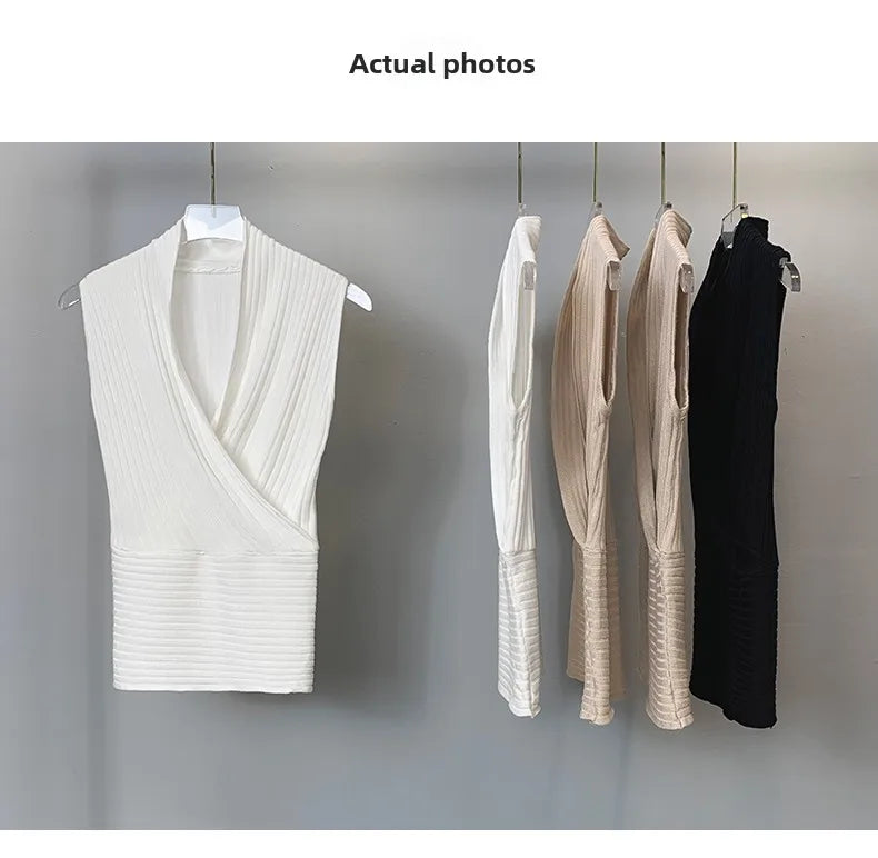 Sexy Deep V-Neck Knitted Crop Top Slim Fit Sleeveless Short Vest Summer New Style Zilihua Commute Style Pure Color Base Shirt