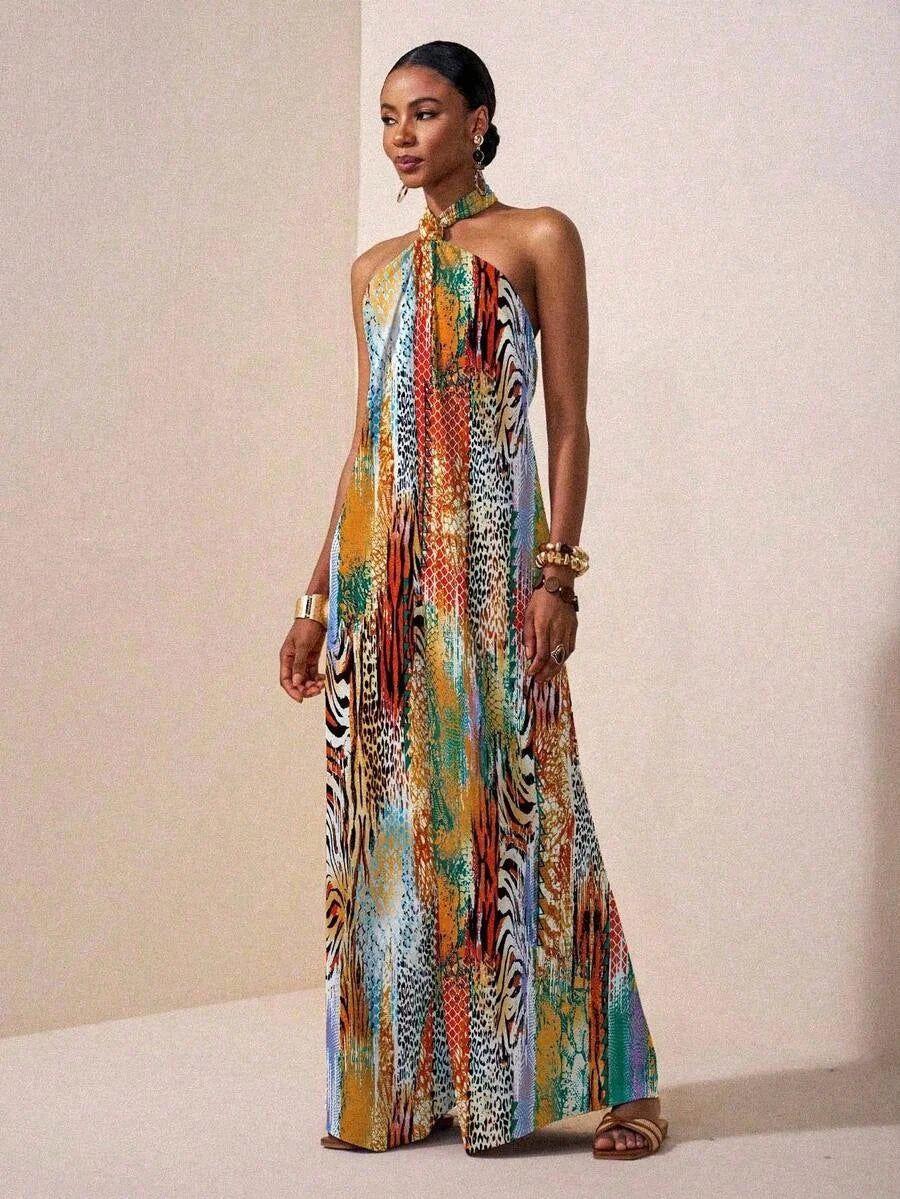 Women's Halter Neck Backless Printed Maxi Dress Loose Fit Sleeveless Bohemian Casual Dress Spring Summer Vacation Beach Outfit