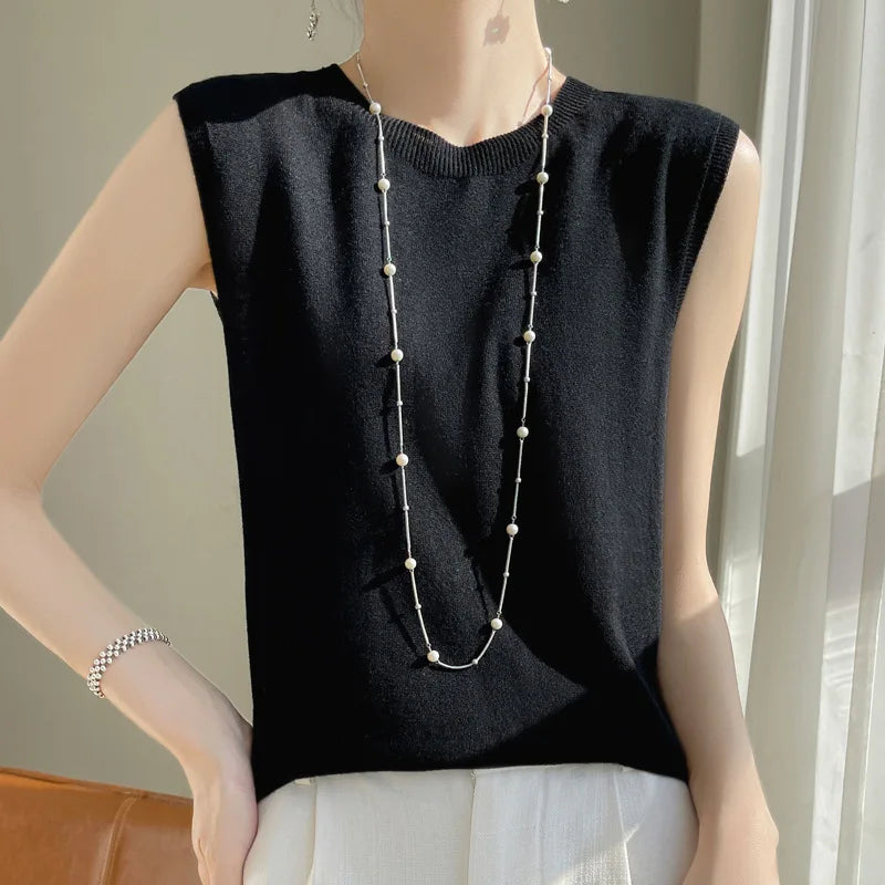 Women Knitted Tank Tops Round-neck Sleeveless Bottoming Shirts Spring Summer Tank Top Solid Soft Korean Fashion Lady Knit Top