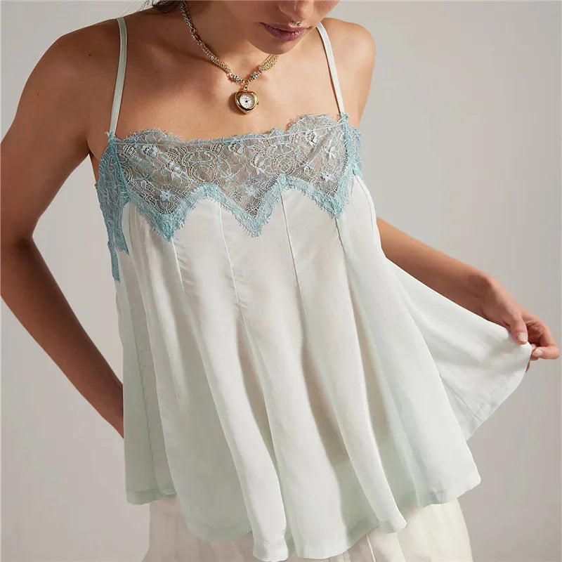 Ladies Adjustable Strap Lace Trim Satin Cami Top V-Neck Sheer Floral Lace Neckline Flowy Swing Sleeveless Blouse Casual Wear