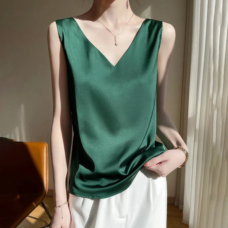 Silk Satin Vest Women's New 2025 Sleeveless V-neck Camisole Acetate Georgette Base Shirt Office Commute Style  Color