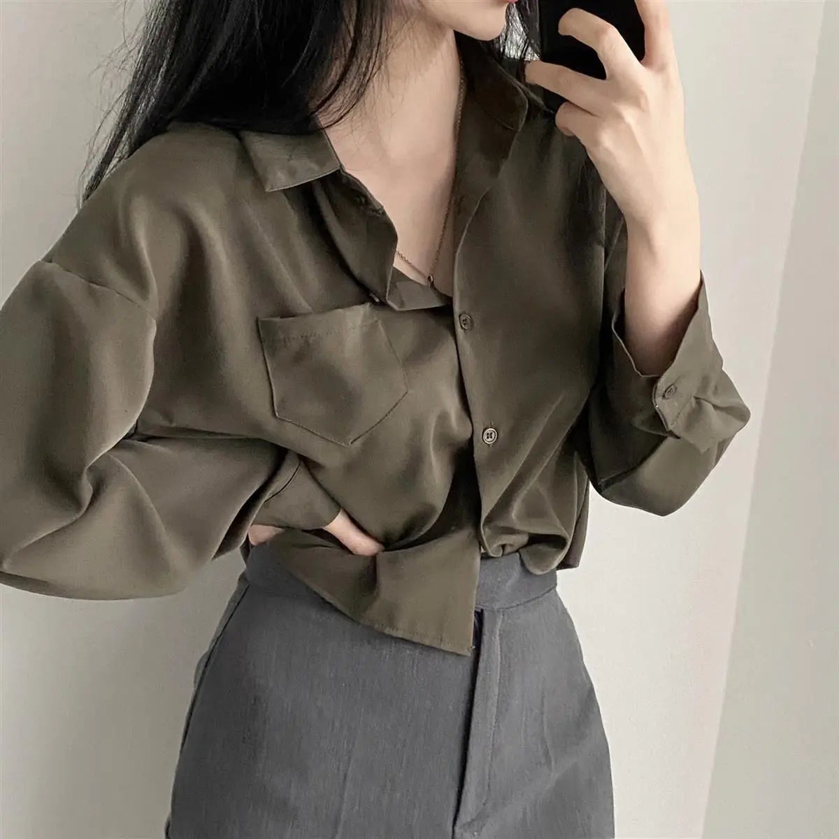 Simple Single Breasted Loose Casual Solid Long Sleeved Shirt And Blouse Office Lady Trend Short Top Simple Elegant White Clothes