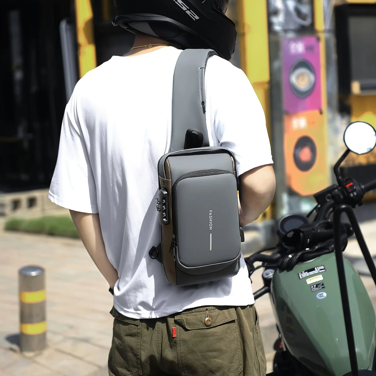 Men's Anti-Theft Password Lock Chest Bag Durable Fabric Adjustable Shoulder Strap Fashion Motorcycle Leisure Sport Crossbody Bag