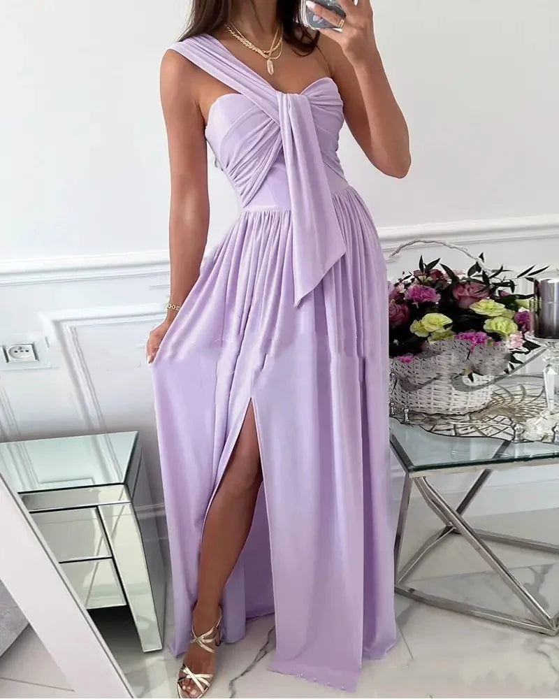 Asymmetric One Shoulder Ruched Bow Long Dress with Side Slit Sleeveless Pleated A-Line Evening Gown for Women